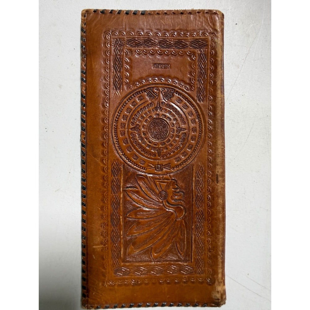 Vintage Hand Tooled Leather Mexico Wallet Aztec Calendar Basketweave Bifold Tan